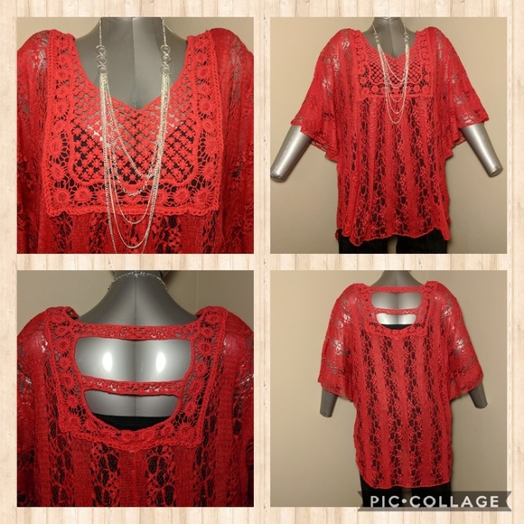 Red Versatile Lace Sheer top or swim cover-up - Picture 2 of 7